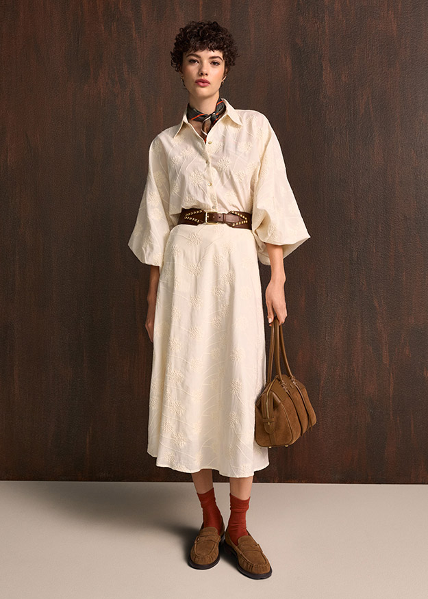 Weißes Kleid, Midikleid, Hohe Taille, Ballon-Ärmel, Gürtel