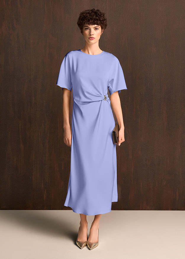 Kleid, Midi-Kleid, Lila Farbe, Seitlicher Knotengürtel, Kurzarm?