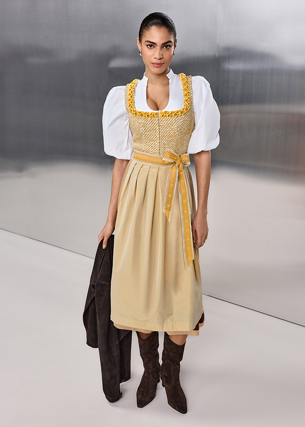 Dirndl, Kleid, Latz-/Schürzenlook, Gewürzgelb, Weißer Bluse