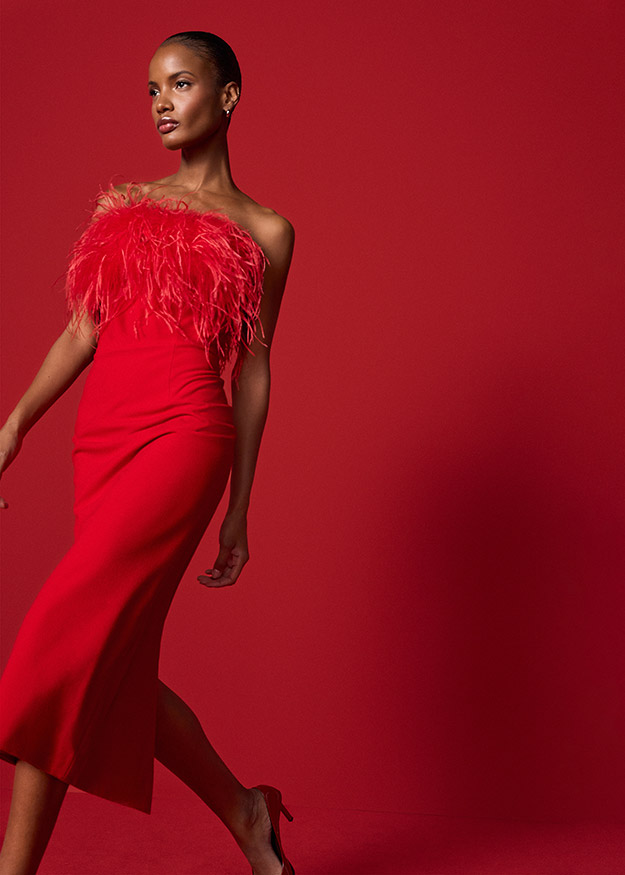 trägersloses Abendkleid, rotes Kleid, Federbesatz, Maxikleid, figurbetont