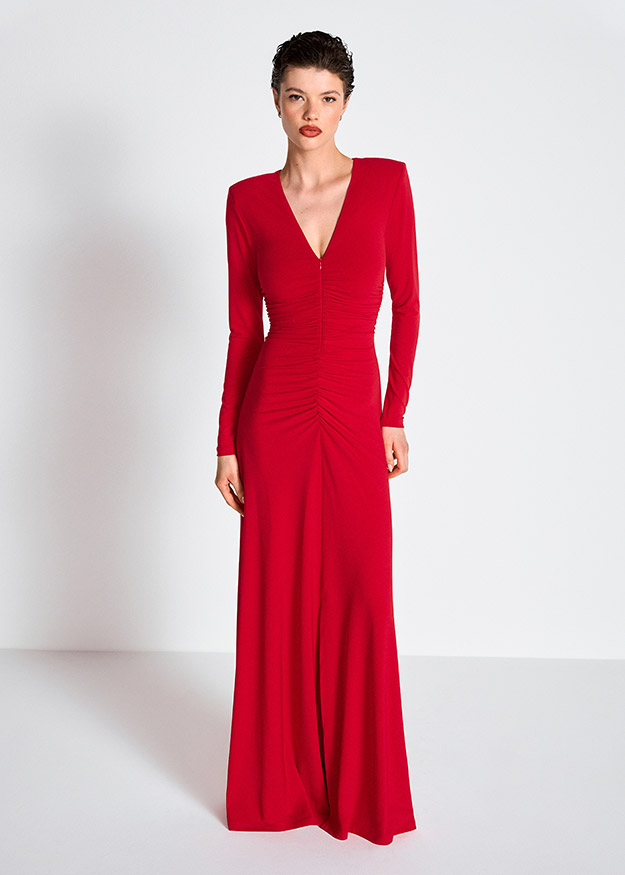 Abendkleid, Rot, Maxikleid, V-Ausschnitt, Raffung