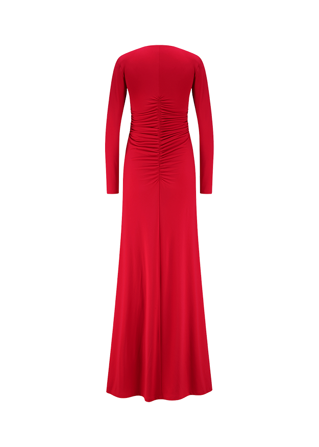 Maxikleid, Rot, Langarm, Raffung, Bodenlang