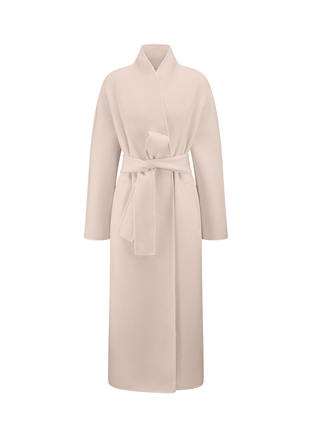 Lange Robe, Wollmantel, Bademantel, Gürtel, Beige