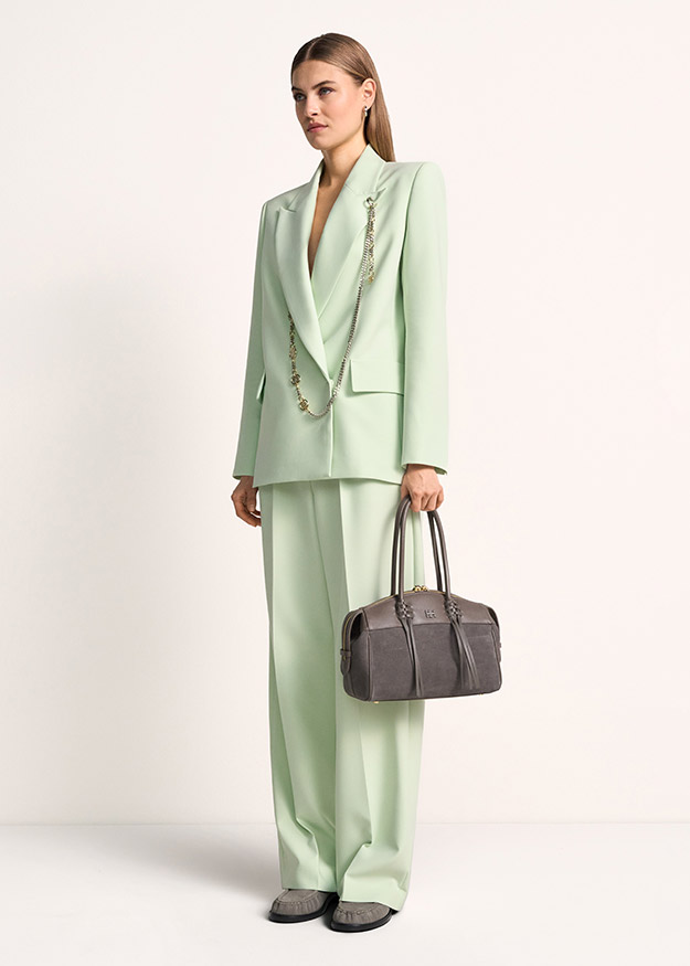 Blazer, Hose, Anzug, Mintgrün, Schultertasche