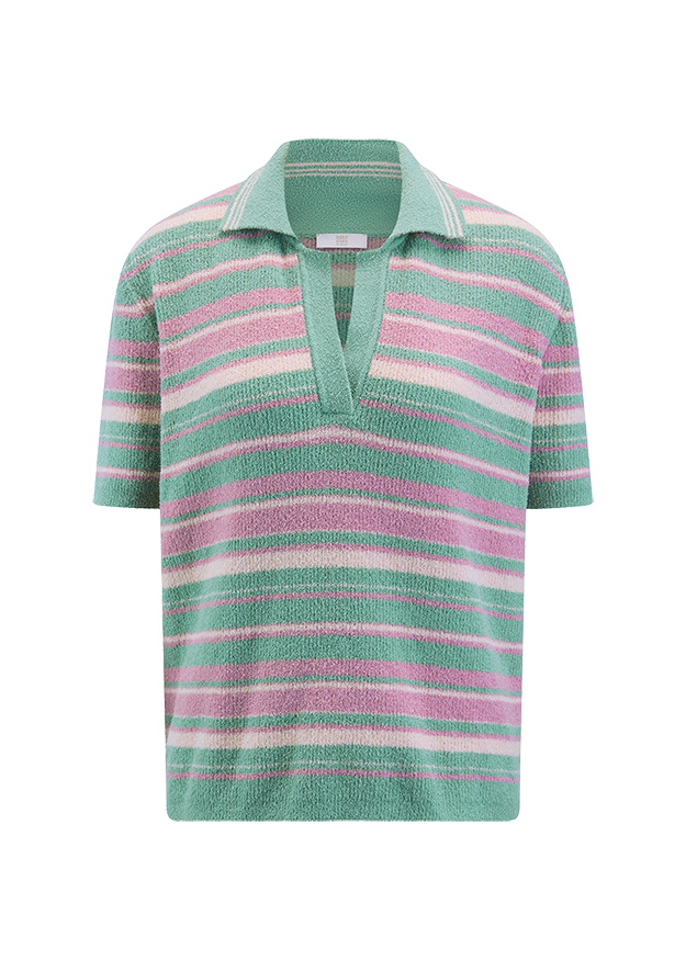 Streifen-Polo, Kurzarm-Strick, Mint-Pink-Streifen, Kragenoberteil, Glitzerstrick