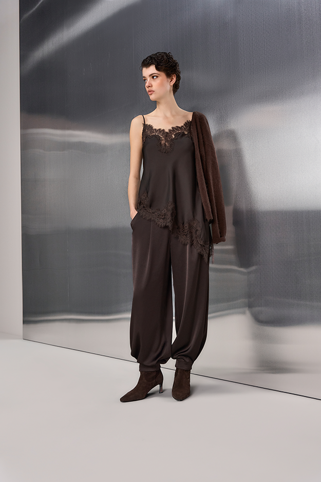 Jumpsuit, Lace, Silk, Dunkelbraun, Haremshosen