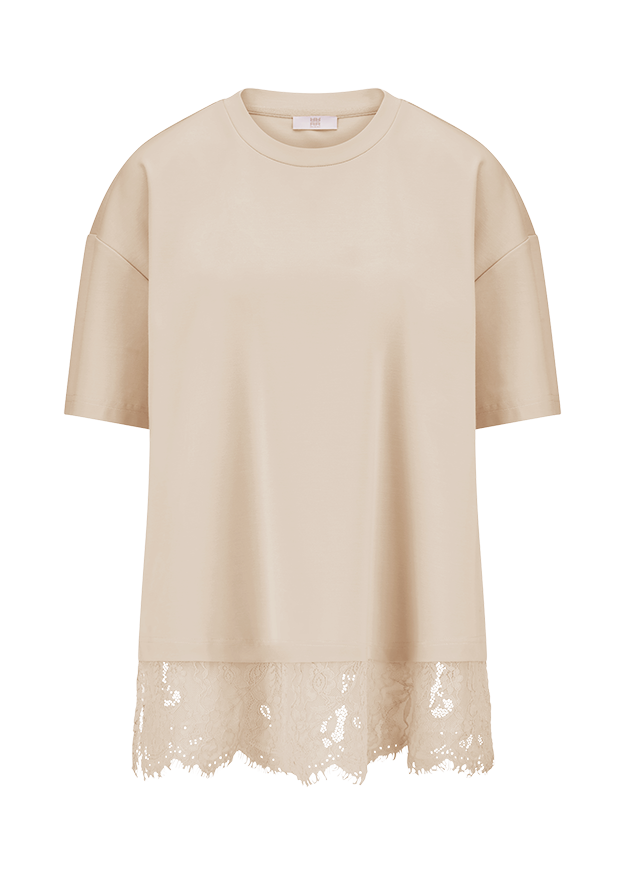 T-Shirt, Kurze Ärmel, Beige, Spitze, Oversized