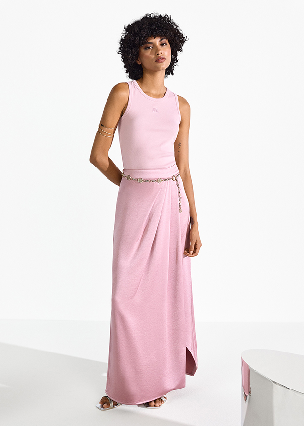 Tanktop, Rundhalsausschnitt, Rosa, Gurtel, Rosa Maxi Rock