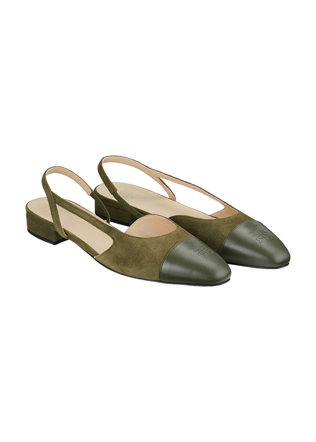 Slingshoe, Slingback, Olivgrün, Grün, Velours, Spitzzehe, Blockabsatz, Zweifarbig, Lederkappe
