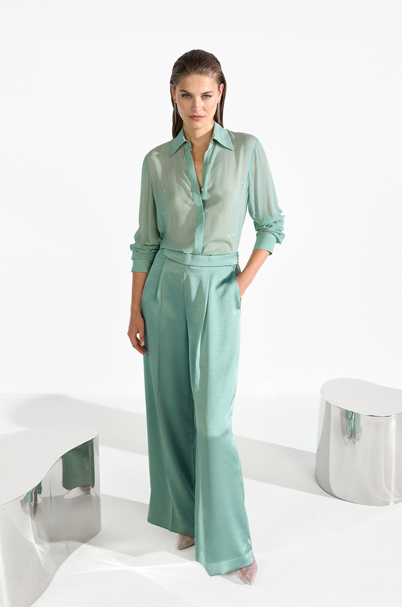 Hemd, Glanzstoff, Sakkohemd, Weiß/Grün, Taillenhose