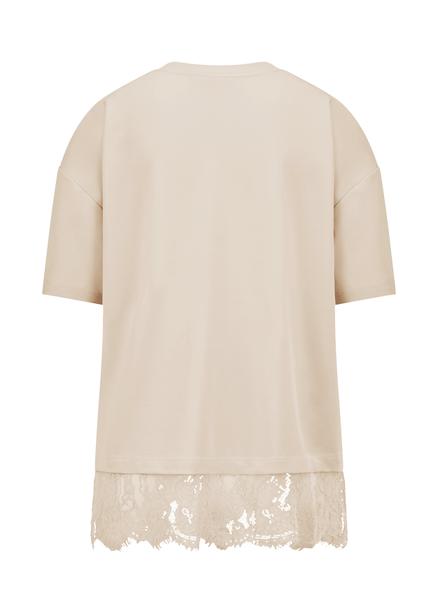 T-Shirt, Beige, Kurzarm, Spitzeneinsatz, Lace-Detail