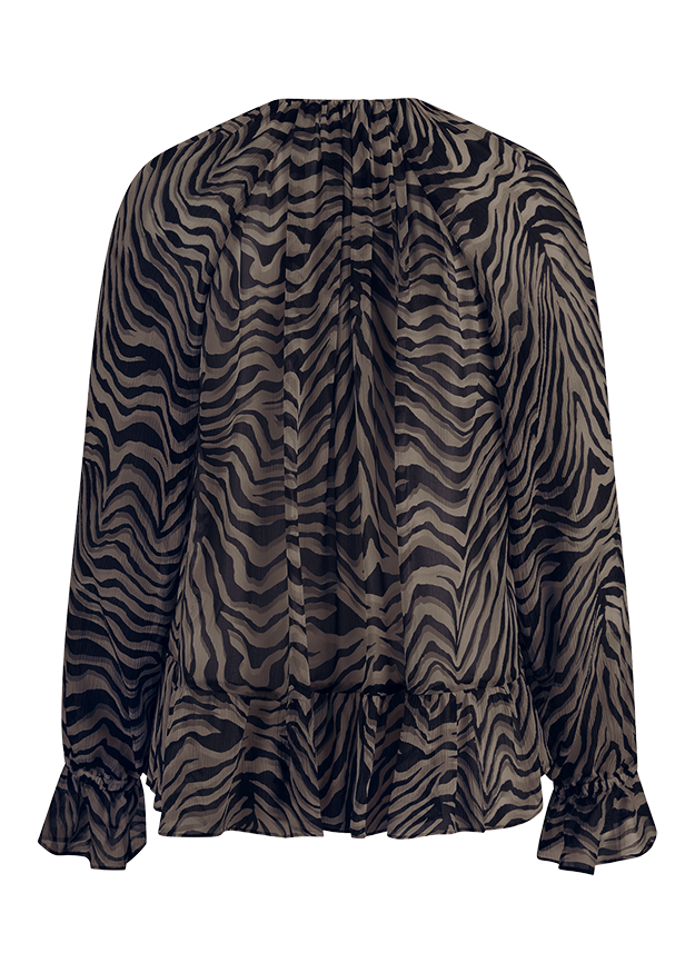 Zebra Muster, Bluse, Langarm, Rundhalsausschnitt, Rüschenkragen