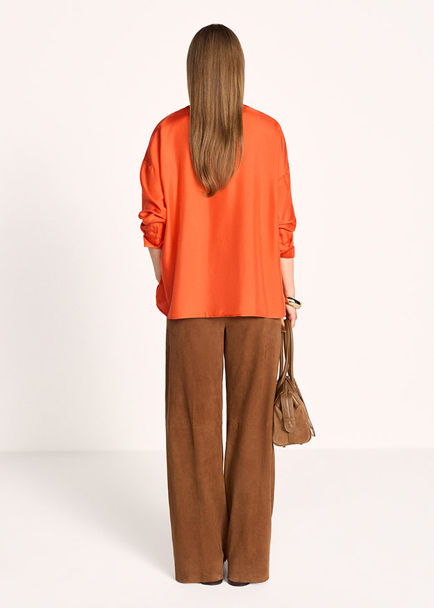 bluse, orange, langarm, oversize, glatt
