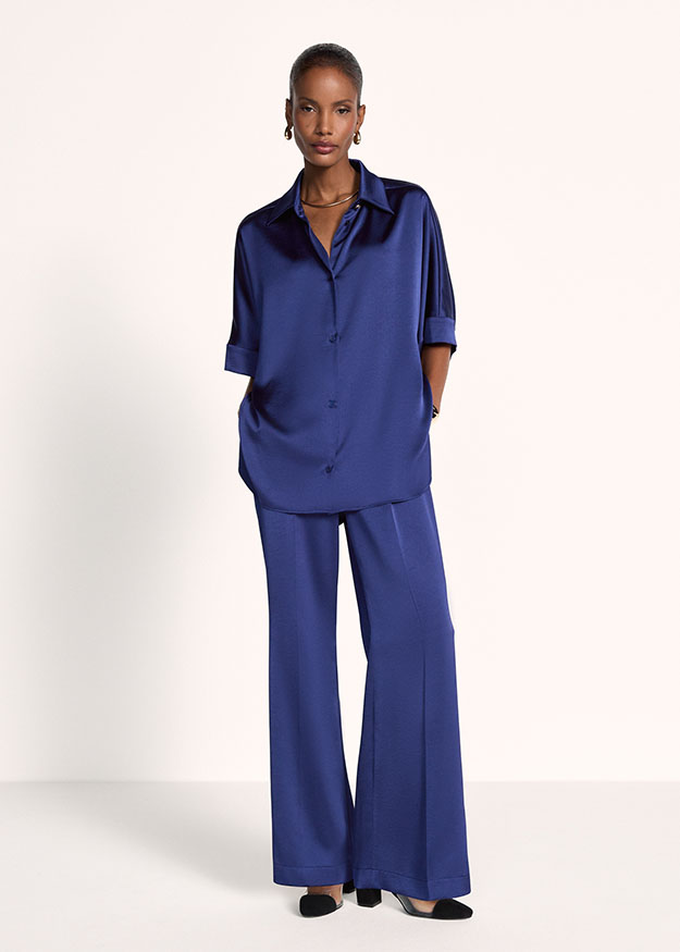 bluse, silk, blau, weite hose