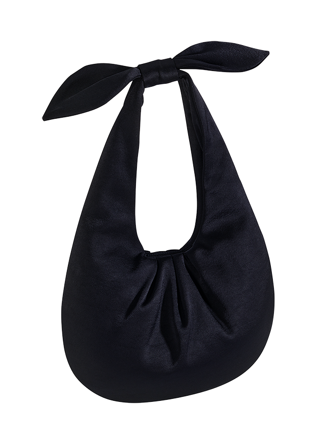 Schultertasche, Schwarzer Stoff, Bindeschleife, Beutelform
