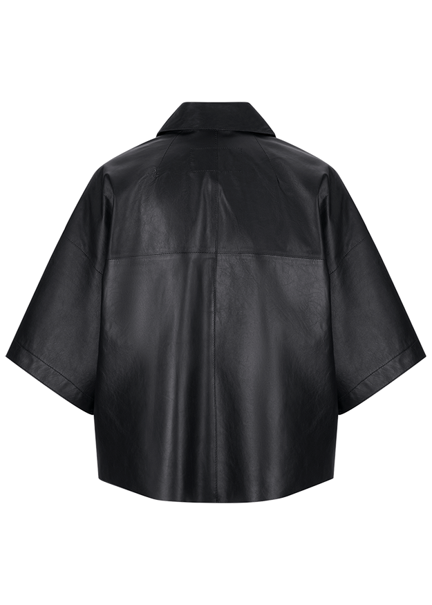 Schwarz, Lederlook, Kurzarm, Kragen, Jacke