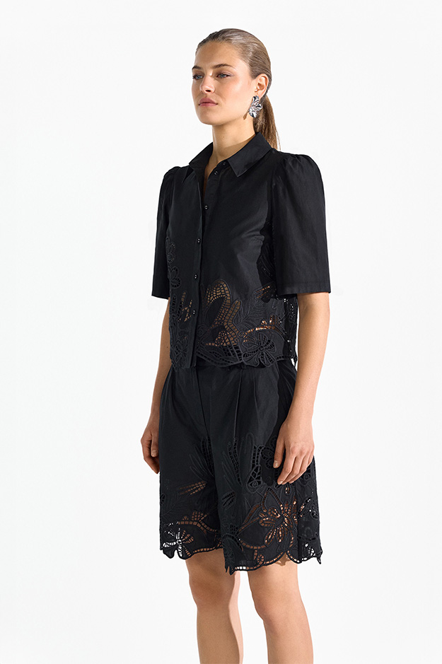 schwarz, bluse, spitzenmuster, kurzarm, hosenrock?