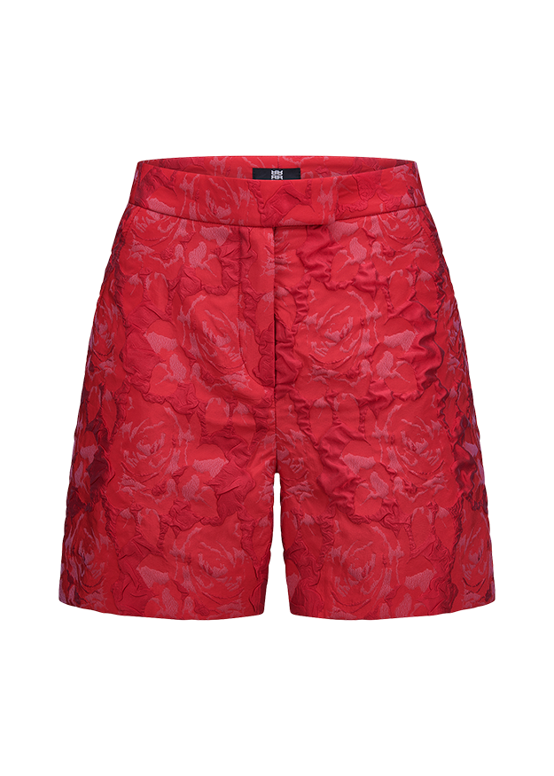 Rote Shorts, Jacquardstoff, Blumenmuster, Bundfalten, Hoher Bund