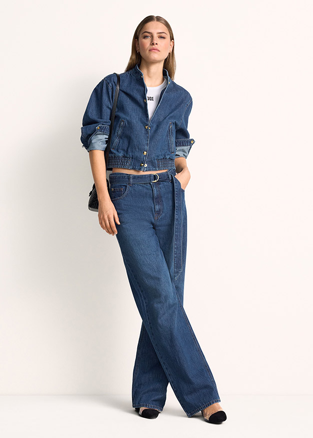 Jeansjacke, Denim, Crop-Jacke, Goldene Knöpfe, Hoch tailliert