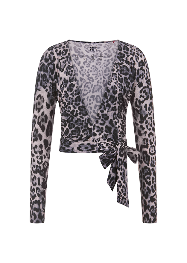 Leopardmuster, Cardigan, Bindegürtel, Langarm, dunkelgrau
