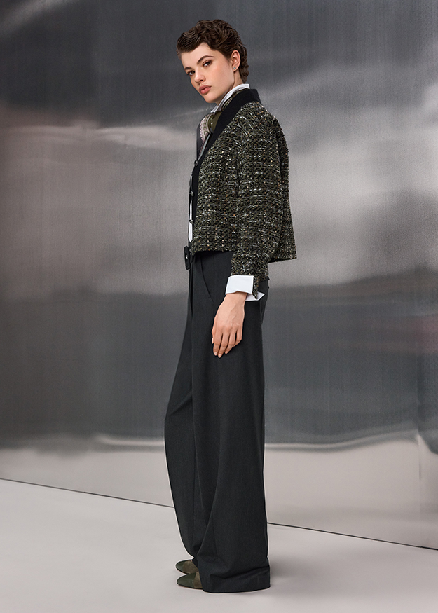 tailored blazer, textured jacket, wide leg pants, white shirt, dark color