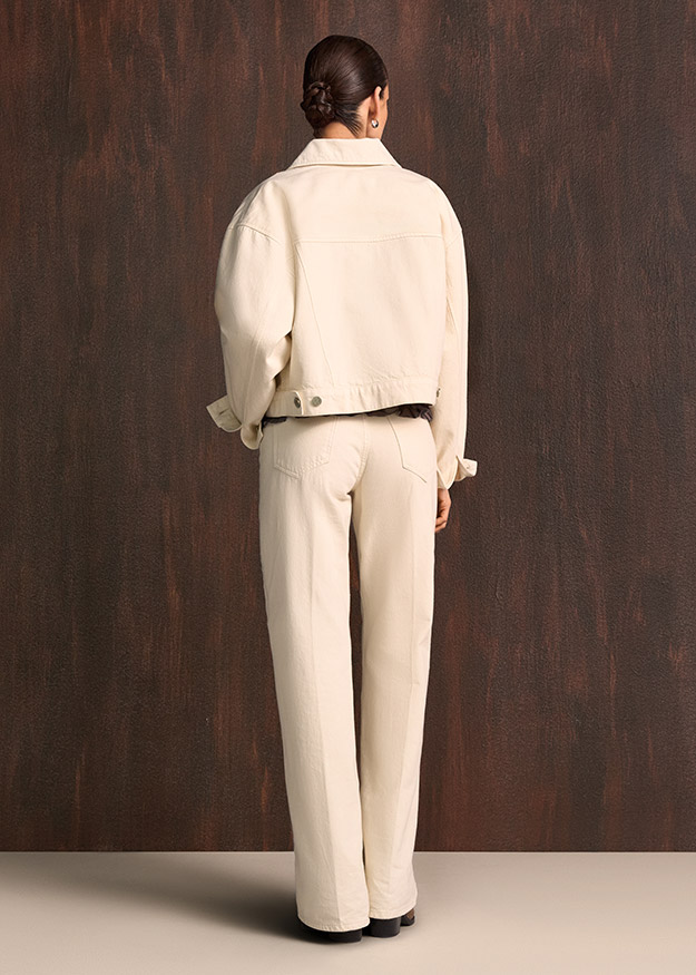 Beige Jeansjacke, Oversized Jacke, Cutting-Back Style, Jeanslook, Weißer Beige Two-Piece-Set