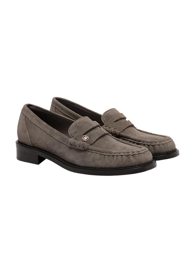 Loafers, Mokassins, Graugrün, Veloursleder, Gurtel-Look