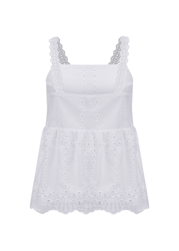 weiße Top, Spitzenriemen, A-Linie, Knopfdetails, Eyelet-Details