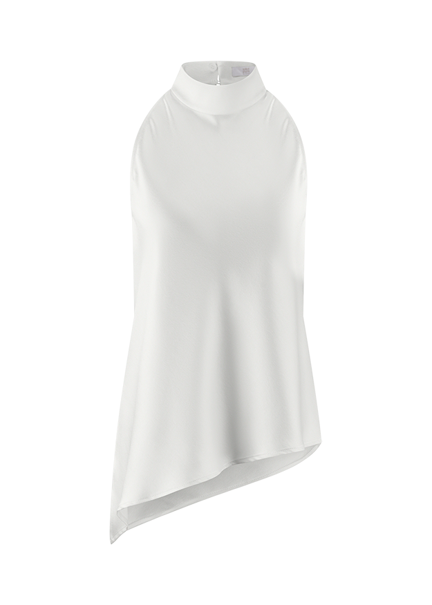 Damentop, Ärmellos, Weiß, Stehkragen, Asymmetrischer Saum
