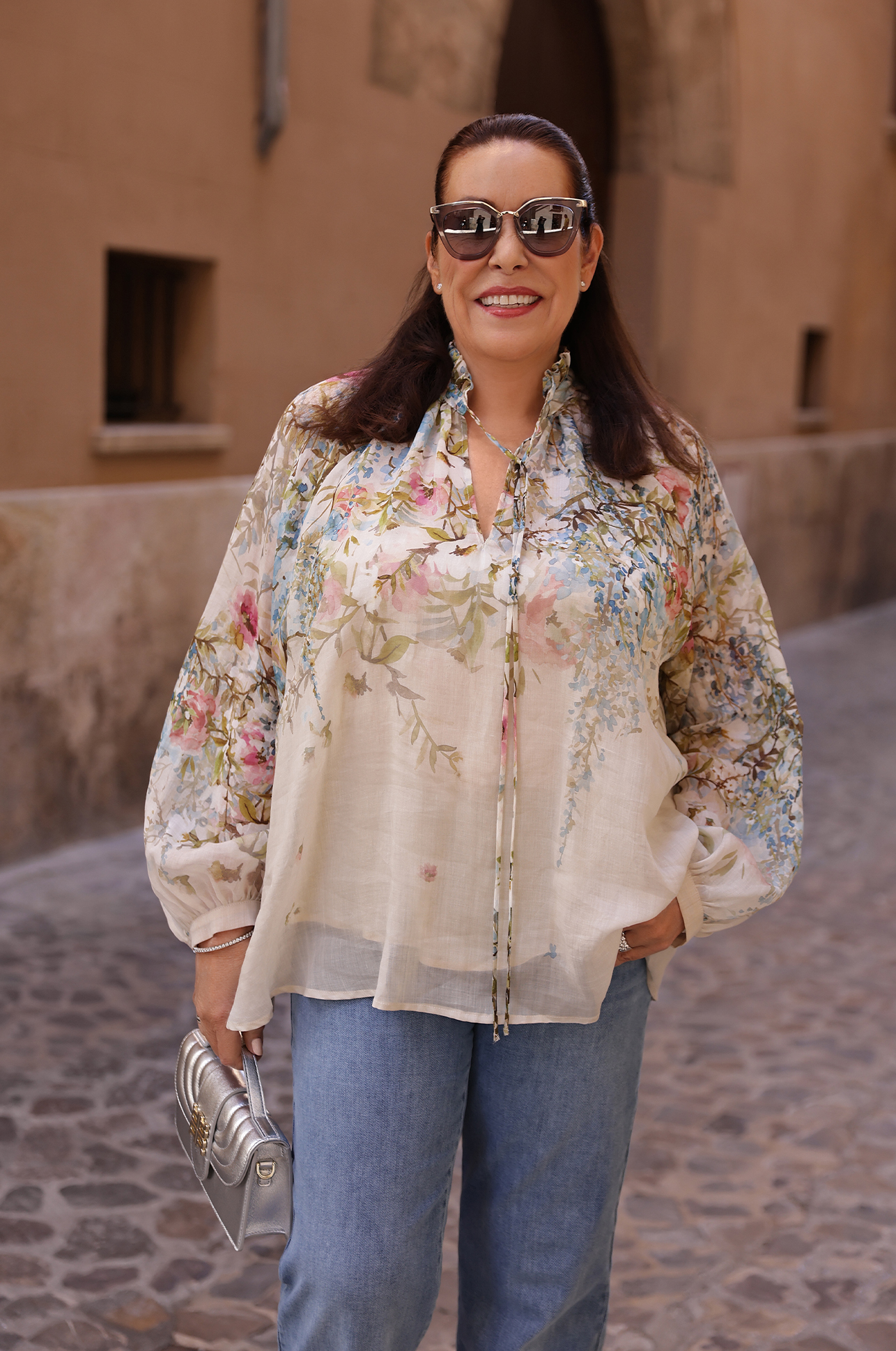 Bluse, Blumenmuster, Weiß, Luftig, Jeans