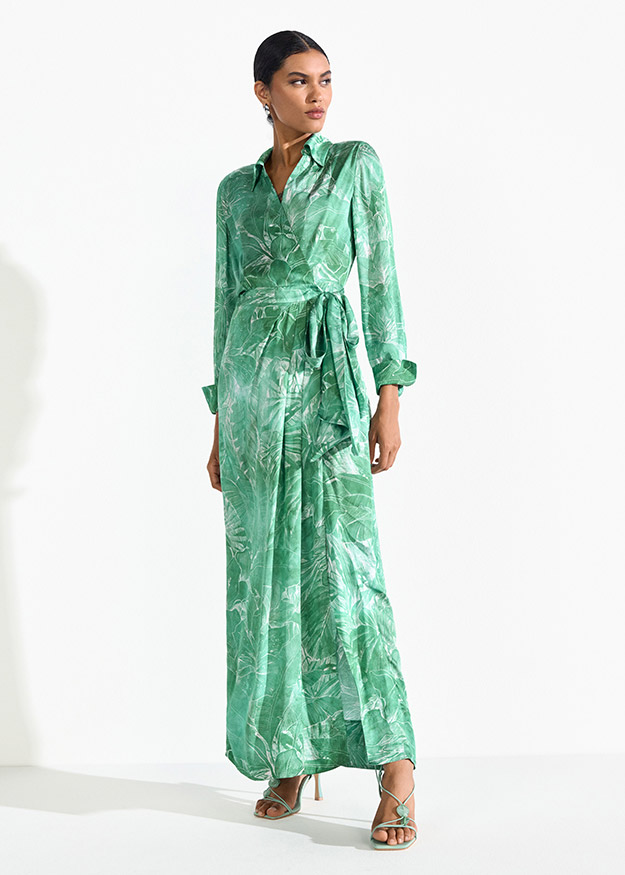 grünes maxi-kleid, blütenblattmuster, langes kleid, taillierte idiot, knöchel bändern