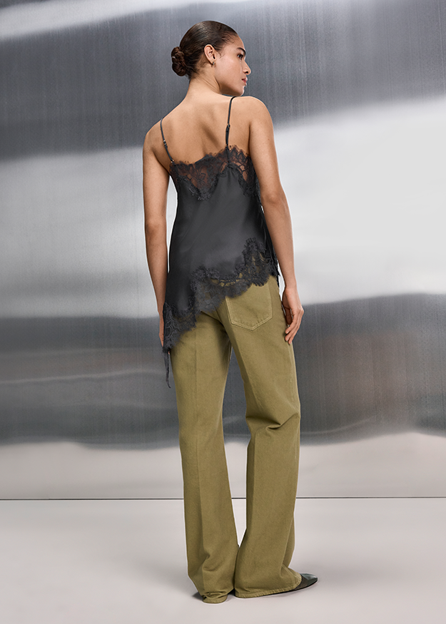 Spaghetti-Trägertop, Spitze, Schwarz, Spitzentrim, Camouflage-Top