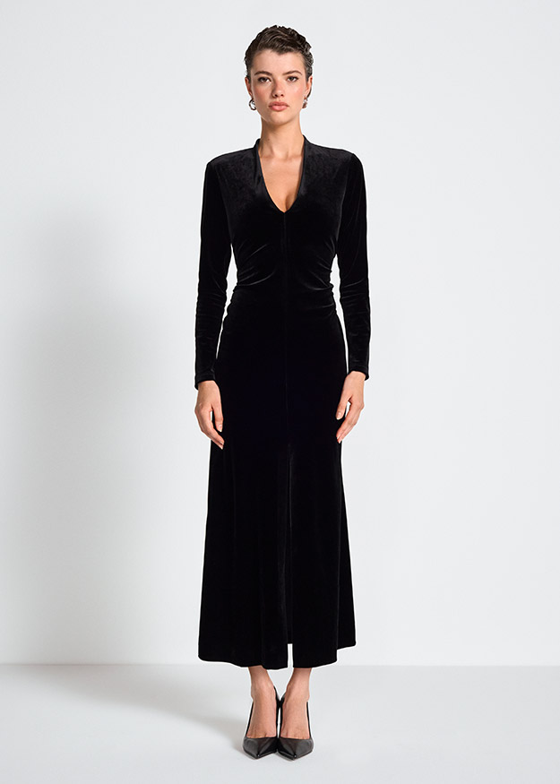 Samt-Kleid, Abendkleid, Schwarzes Kleid, V-Ausschnitt, Lange Ärmel