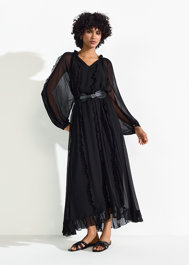 Damenkleid, Gaußes V-ausschnitt, Schwarz, Mesh, Rüschen