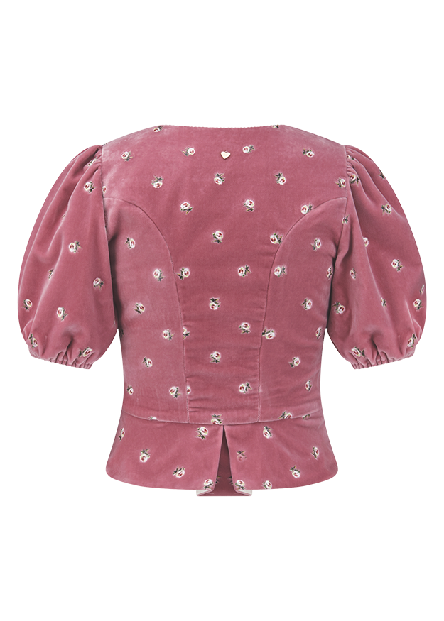 Rosenmuster, Rosa Bluse, Puffärmel, Blusenaht, Kurzer Taillenschnitt