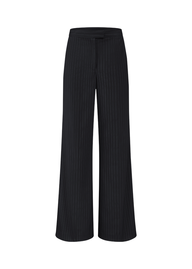 Schwarze Hose, weite Beine, Nadelstreifen, hoher Bund