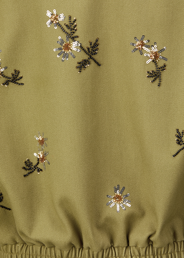 sequin, stickerei, blume, olivgrün, stoff