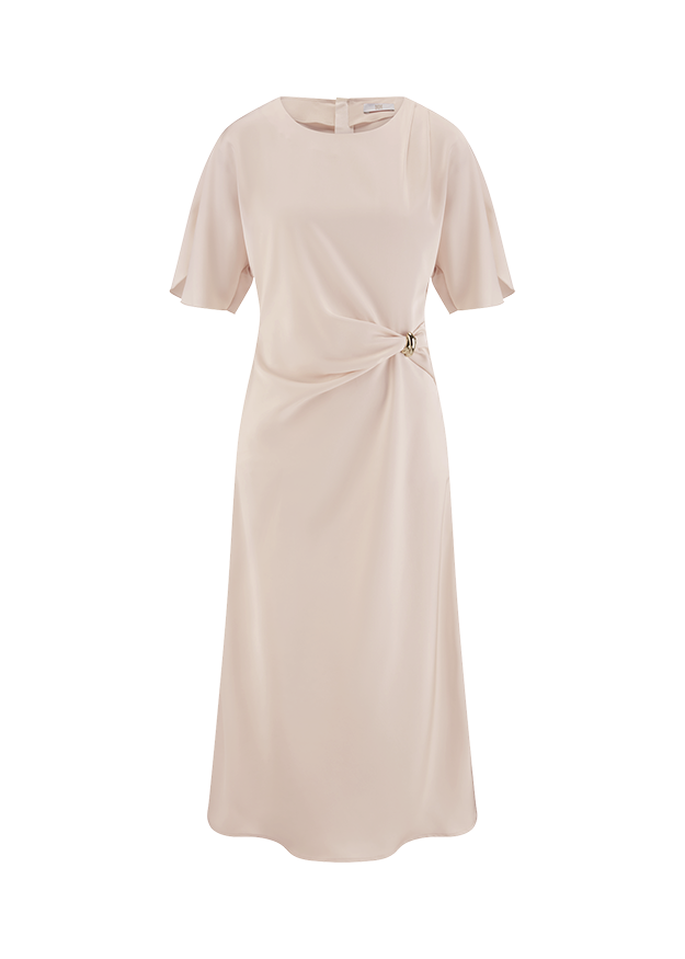 Kleid, Midi-Kleid, Rundhals, Taillengriff, Beige