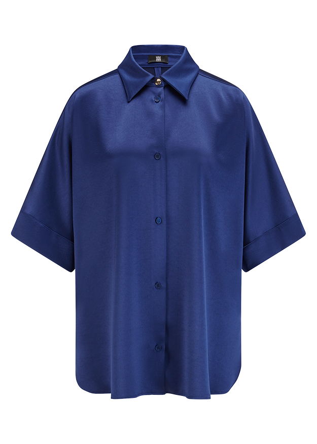 Bluse, Kurzarm, Knopfshirt, Kobaltblau, Oversized