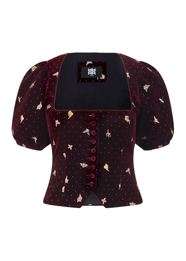 Bodice, Puffärmel, Samt, Knöpfe, Stickerei