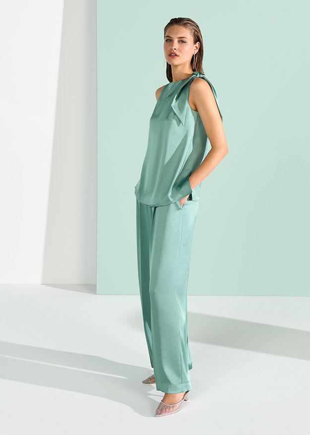 Hose, Oberteil, Mintgrün, Ärmellos, Weite Hose, Taillierte Details, Tie-Detail, Weite Bein, Casualwear