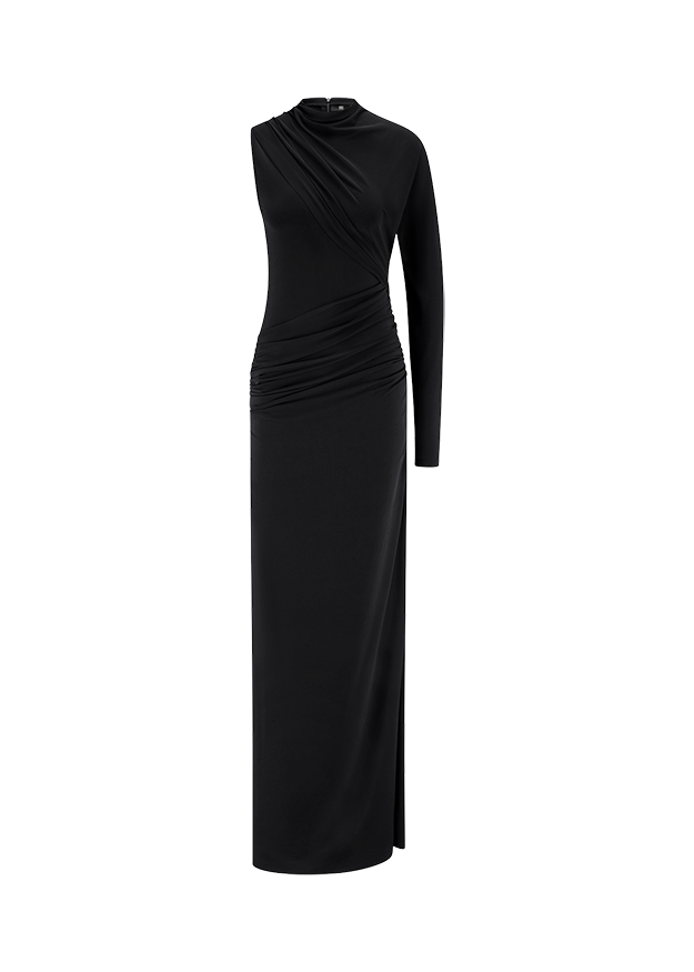 Abendkleid, Maxikleid, Schwarz, Langarm, Drapierung