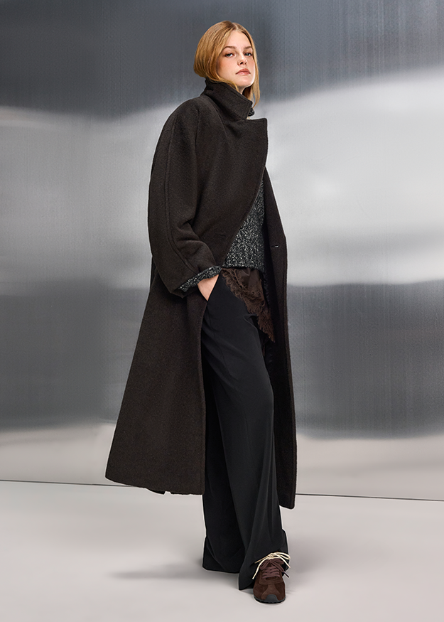 overcoat, long coat, dunkelbraun, rollkragenpullover, lagenlook