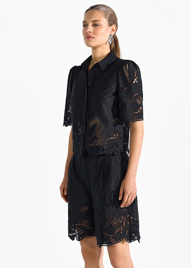 Kleid, Schwarz, Spitze, Kurzarm, A-Linie