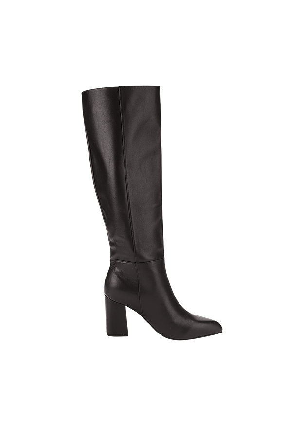 Kniehohe Stiefel, Schafthöhe Stiefel, Schuh mit Absatz, Lederstiefel, schwarz