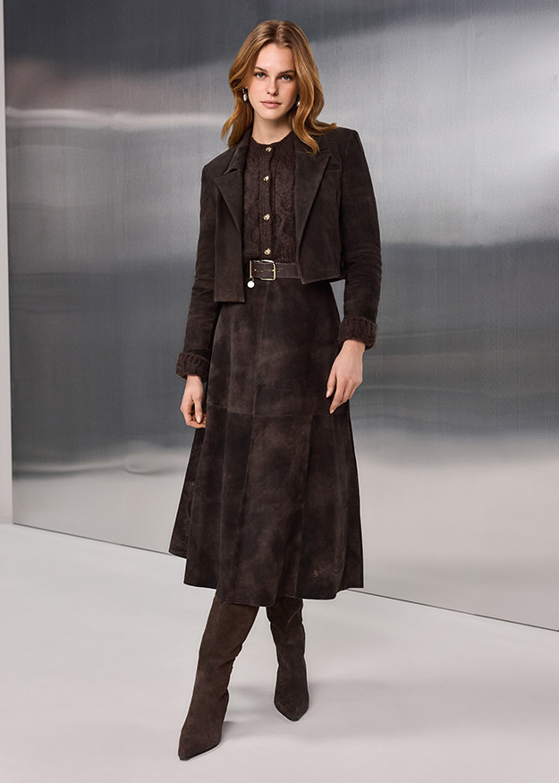 ledermantel, dunkelbraun, knielang, loomed jacket, stiefel