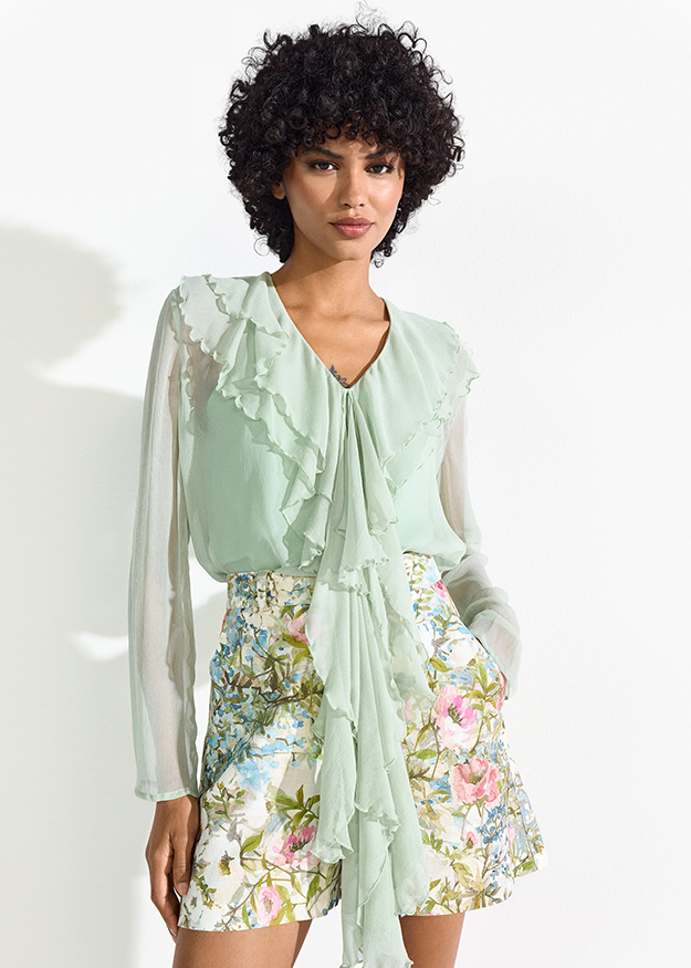 Bluse, Rüschen, Viskose, Langarm, Mintgrün