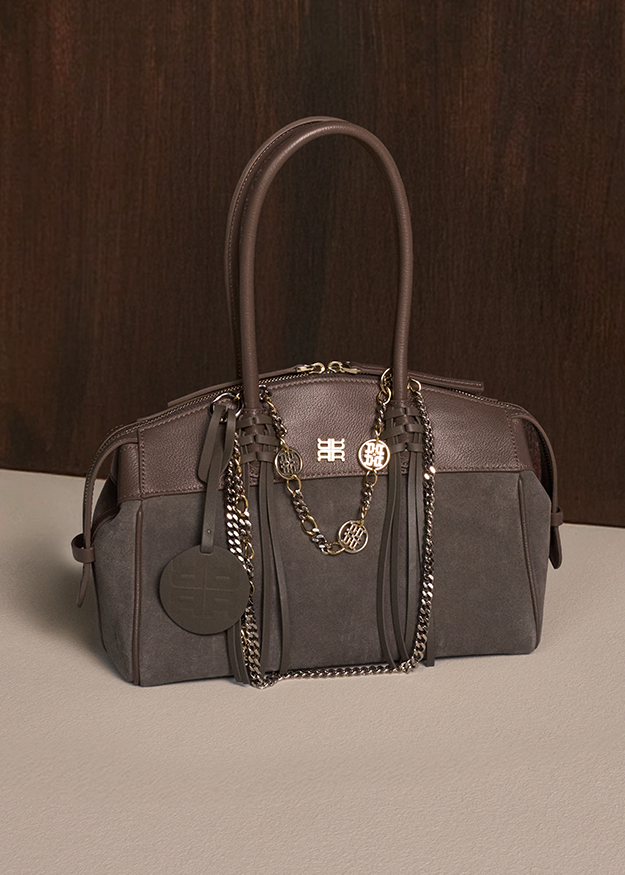 Handtasche, dunkelgrau, Leder, Kette, strukturierte Fläche