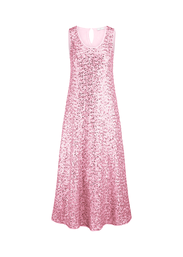 sequin dress, pink dress, sleeveless, floor-length, party dress