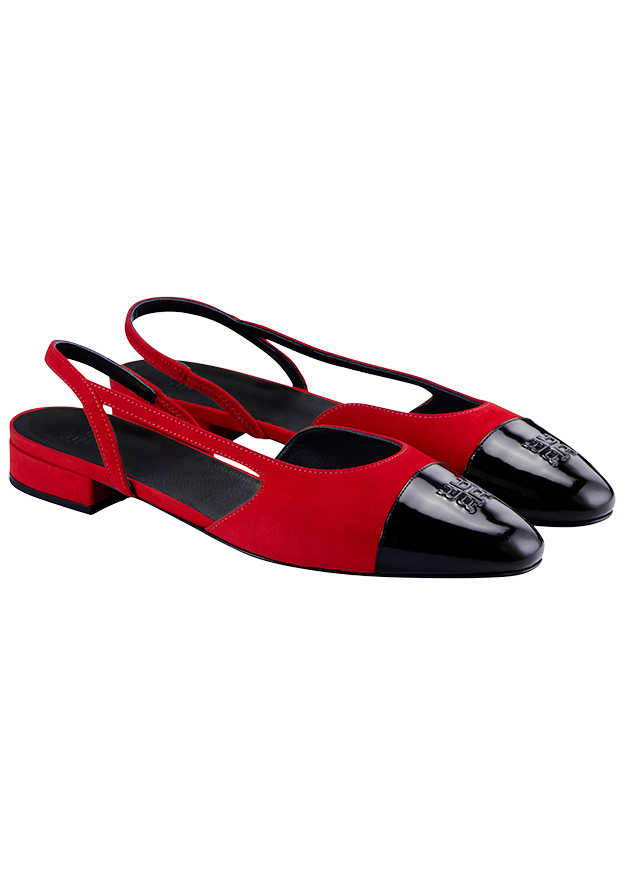 Ballerinas, Riemchen, rote Schuhe, schwarze Lackspitze, flacher Absatz